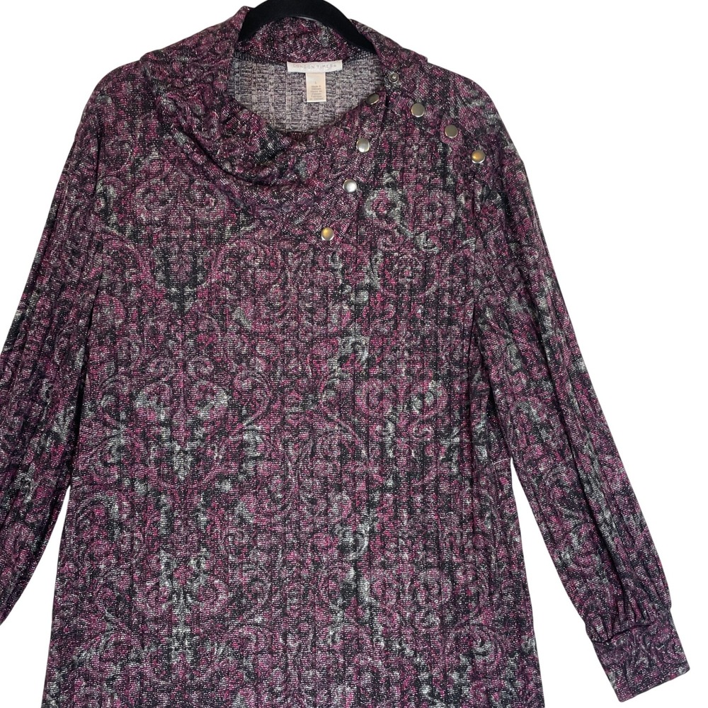 London Times Women's Purple Metallic Paisley Cowl Neck Long Sleeve‎ Dress L